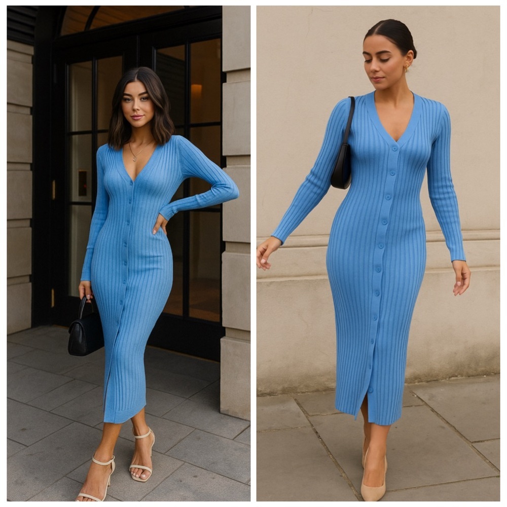 GALVAN LONDON Rhea Blue Ribbed Knit Button Front Maxi Dress Medium NWT